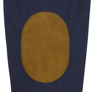 Detail of navy knit sweater featuring a brown faux suede elbow patch with sturdy stitching
