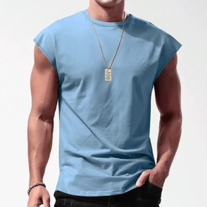 Close-up detail of light blue sleeveless T-shirt with round neck and loose fit