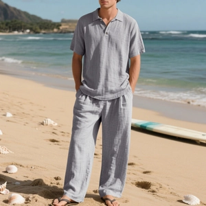 Ensemble d'été 2 pièces pour hommes en lin gris avec chemise et pantalon de plage