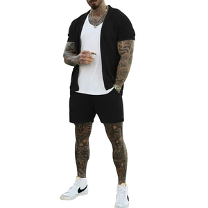 Detail of men's summer mesh knit set with short sleeve cardigan and matching shorts