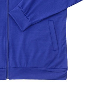 Detailed close-up of dark blue jacket showing smooth zipper and ribbed cuffs