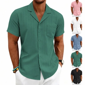 Men's casual summer short sleeve Cuban collar shirt with vertical stripe texture and chest pocket