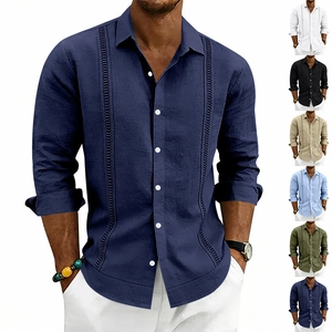 Men's casual linen long sleeve shirt with classic guayabera embroidery in six colors