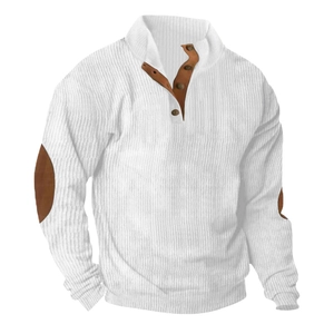 Detail of white ribbed sweatshirt with stand collar button opening and brown elbow patches