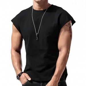 Detail of black cotton sleeveless t-shirt with rolled edges and classic crew neck