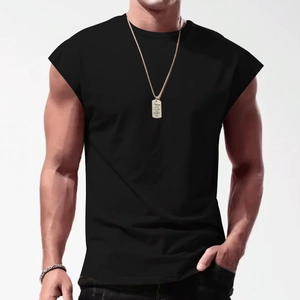 Detail of men's black sleeveless fitness T-shirt with crew neck and slim fit texture