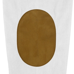 Detailed close-up of white ribbed knit fabric with brown suede elbow patch and stitching