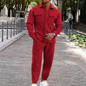 Full-body street view of men's red faux suede jacket and matching joggers set