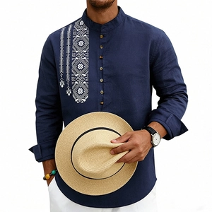 Camicia in lino blu scuro da uomo con ricami etnici, maniche lunghe e stile boho