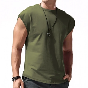 Detailed close-up of olive green sleeveless t-shirt showing cotton blend fabric and crew neck