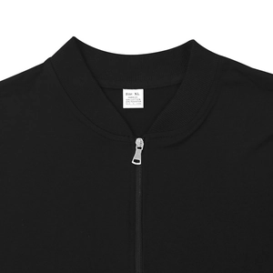 Detail of black jacket ribbed neckline with silver metal zipper and XL size tag