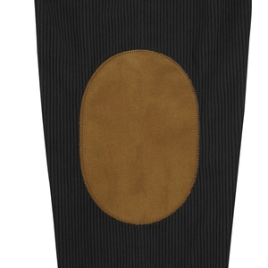 Detailed close-up of brown suede elbow patches on a black ribbed knit men's sweater