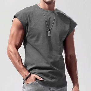 Detail of dark grey sleeveless t-shirt featuring a crew neck and wide armhole cut for men