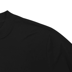Detail of black crew neck sweatshirt showing ribbed neckline and precise shoulder stitching