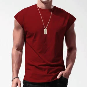 Men's solid dark red sleeveless t-shirt with classic round neck and a slim fit muscle design