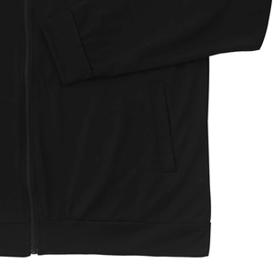 Detail showing high-quality metal zipper and ribbed cuff of the black casual jacket