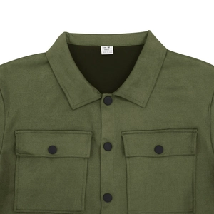 Detailed macro view of olive green faux suede jacket collar with snap buttons and pockets