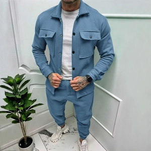 Men's casual two-piece polo collar jacket and jogger pants set in hazy blue color