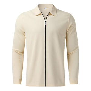 Veste gaufrée pour hommes beige avec fermeture éclair et col polo style décontracté