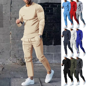 Men's Casual Sports Suit Set Polyester Long Sleeve Crew Neck Top And Drawstring Pants Outdoor Tracksuit For Men