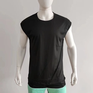 Close-up of black men's casual sleeveless tee in quick-dry fabric on white mannequin