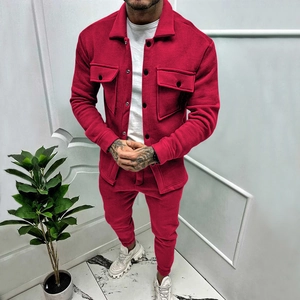 Men's casual red two-piece tracksuit set with polo collar long sleeve jacket and matching pants