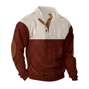 Detail showing contrast corduroy fabric with elbow patches and buttoned collar on men's shirt