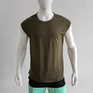 Detail of army green sleeveless fitness T-shirt with crew neck on mannequin