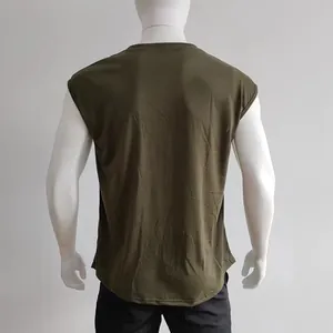 Detail view of olive green sleeveless muscle t-shirt with curved hem on white mannequin