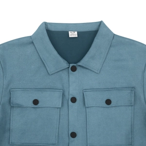 Detail of teal faux suede jacket showing button closure, large pockets, and collar size tag