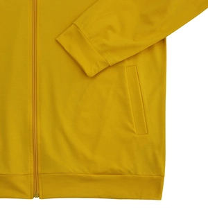 Detail of yellow bomber jacket featuring high-quality zipper and ribbed cuff design