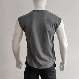 Rear view of grey sleeveless t-shirt featuring rolled edge cuffs and curved hem detail