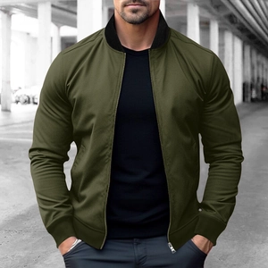 Detail view of military green bomber jacket with black ribbed knit collar and cuffs