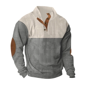 Detail of grey striped henley sweatshirt with white contrast collar and elbow patches