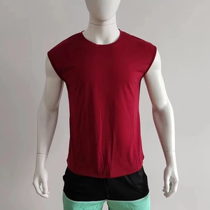 Close-up of deep red sleeveless round neck t-shirt on male mannequin with athletic shorts