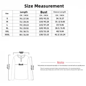Detailed size chart for men's Henley shirt including S to XXXL measurements in CM and INCH