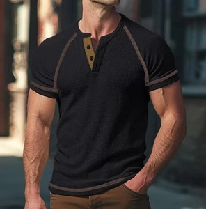 Close-up of men's waffle knit Henley shirt featuring contrast stitching and three buttons