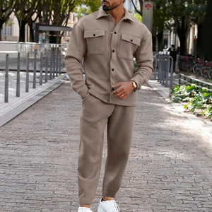 Outdoor street style view of camel suede shirt jacket and matching jogger pants set for men