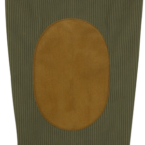 Macro shot of dark green ribbed knit fabric featuring a brown oval faux suede elbow patch