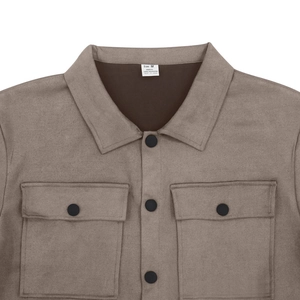 Detail of khaki faux suede jacket collar with size M label and black buttons