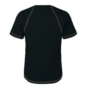 Rear view of black Henley shirt showing ribbed texture and brown contrast stitching details