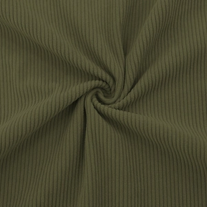 Close-up of deep olive green ribbed corduroy fabric texture showing soft vertical stripes
