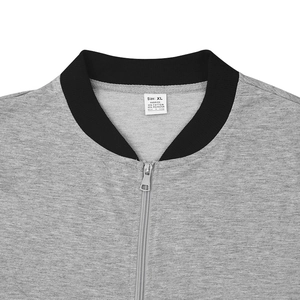 Detail of grey bomber jacket ribbed collar and metal zipper with cotton blend fabric