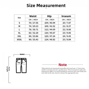 Maattabel voor heren shortsets met afmetingen voor de taille, heupen en de binnenbeenlengte