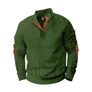 Camisa casual de hombre verde oscuro con textura jacquard 3D y coderas de color marrón