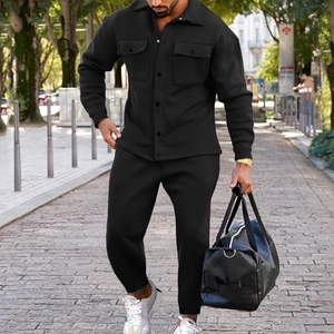 Men's black faux suede leisure set with buttoned jacket and casual cargo pants