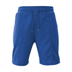 Detail van blauwe heren sportshort van ademende wafelstof met een trekkoord in de taille