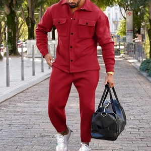 Men's burgundy faux suede jacket and jogger pants set for stylish casual street wear
