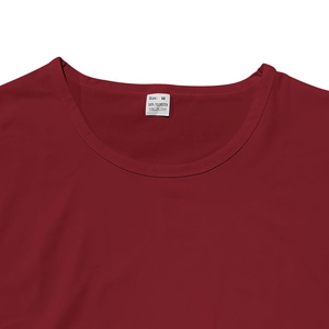 Detail of red polyester tank top neckline with M size wash care label and fabric texture