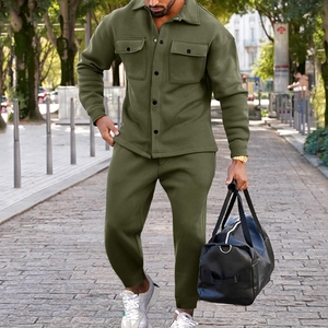 Men's olive green faux suede jacket and trousers two-piece casual streetwear outfit set
